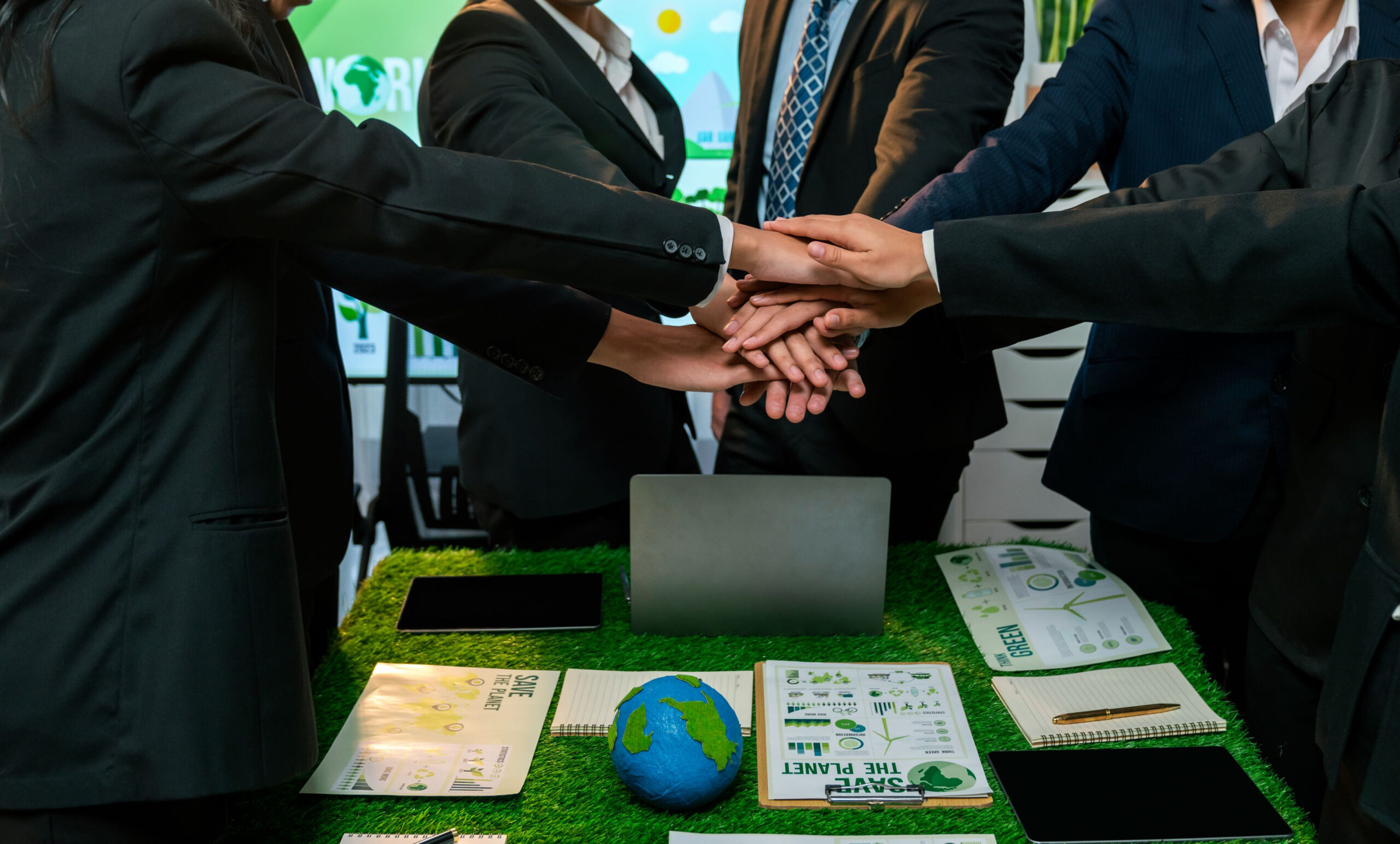 Business synergy of business people holding hand together. Quaint